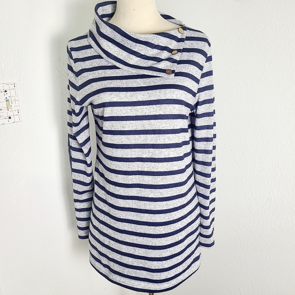 Striped Aysemmetrical Cowl Neck Top, Gray & Navy Blue, Elbow Patches, Sz Medium